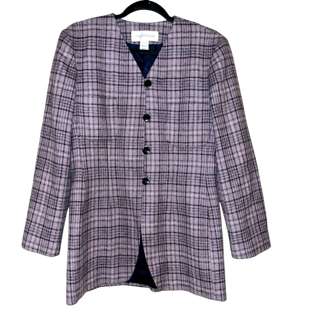 Jones New York Vintage Blazer size 6 plaid tan gray tartan shoulder pads 80’s